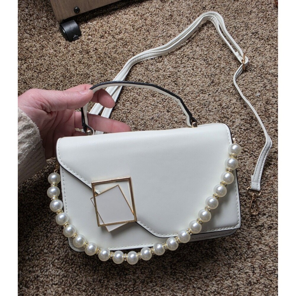 White Pearl Geometric Accent Top Handle Bag Detachable Strap Gold Hardware Women